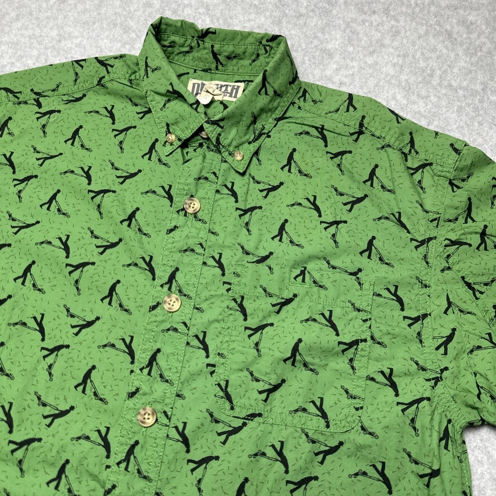 Duluth Trading Men Small Shirt Green Lawn Mower Graphic Print Button Down Cotton